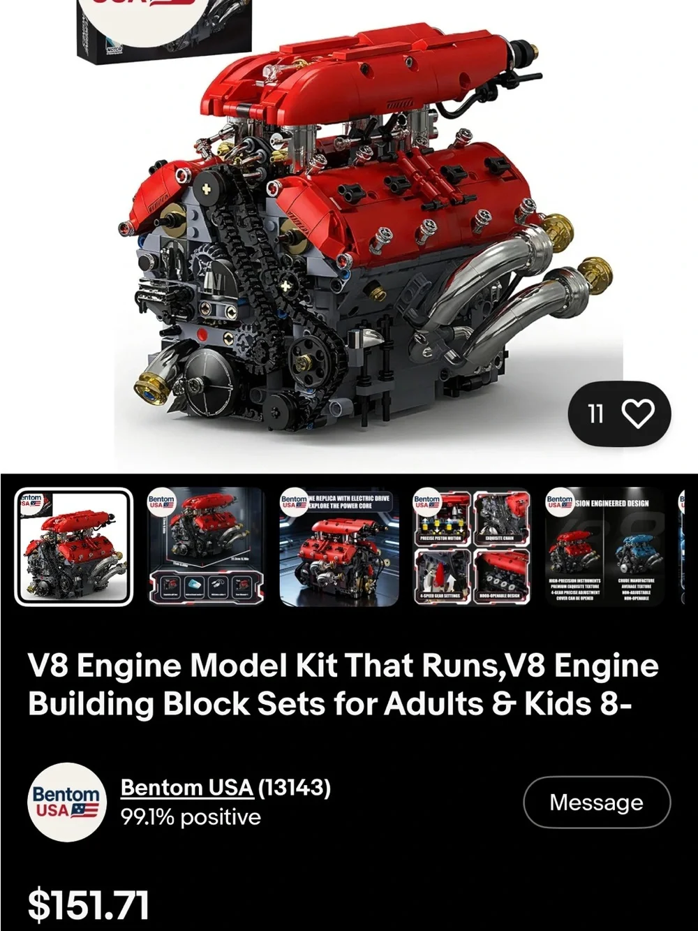 Bentom USA Red V8 Engine Building Block Model Kit – Working Engine Design